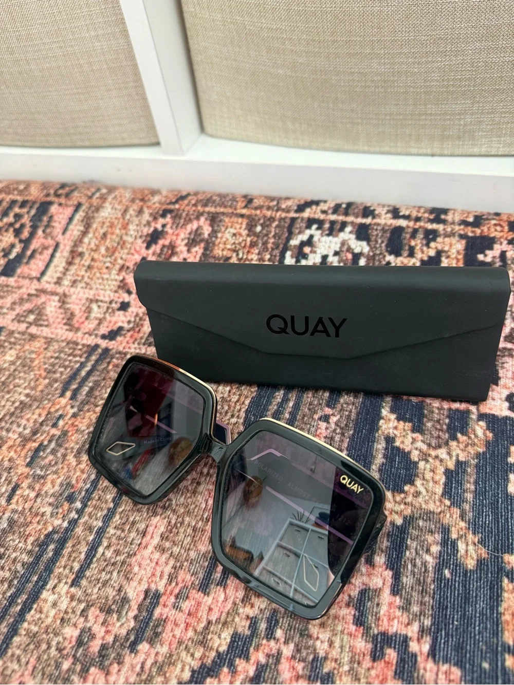 Quay Australia Black & Gold‎ Almost Ready Square Frame Polarized Sunglasses